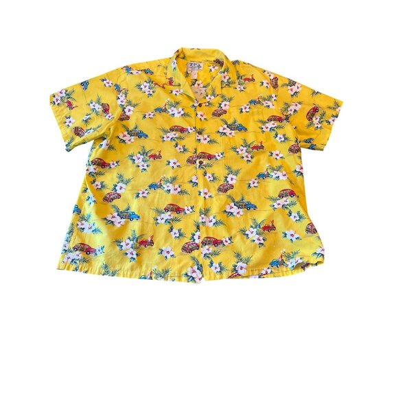 Vintage Hawaiian Shirt Yellow Woody Car Hibiscus Print Short Sleeve Button-Up XL - Picture 1 of 4
